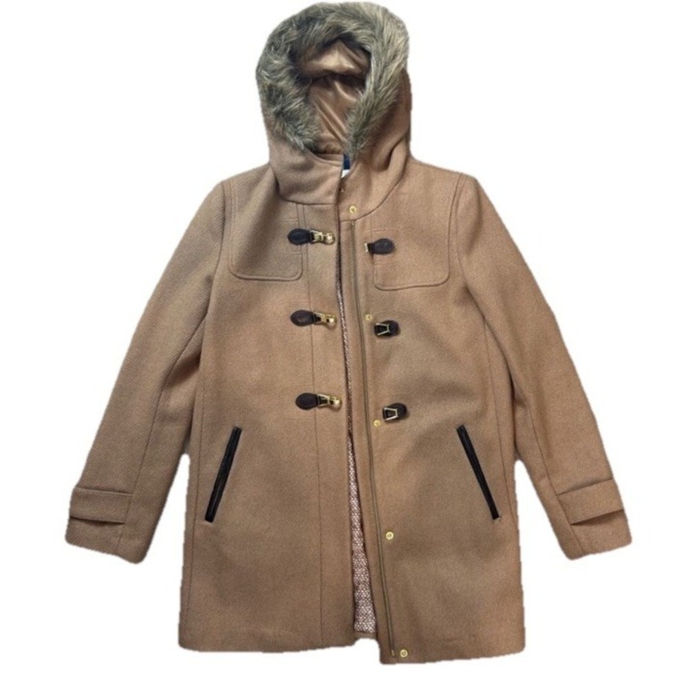 Cole Haan Duffle Coat Womens 10 Tan Wool Faux Fur‎ Hood Modern Minimalist